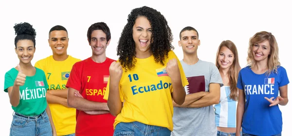 Jubelnder Fußballfan Aus Ecuador Mit Anhängern Aus Spanien Brasilien Mexiko — Stockfoto