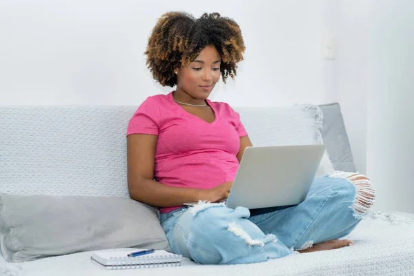 African american young adult streaming movie online at computer indoors at home