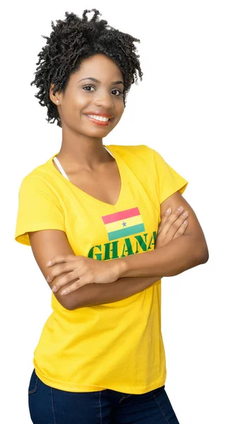 Amante Del Fútbol Femenino Riéndose Ghana Con Camiseta Amarilla Aislada — Foto de Stock