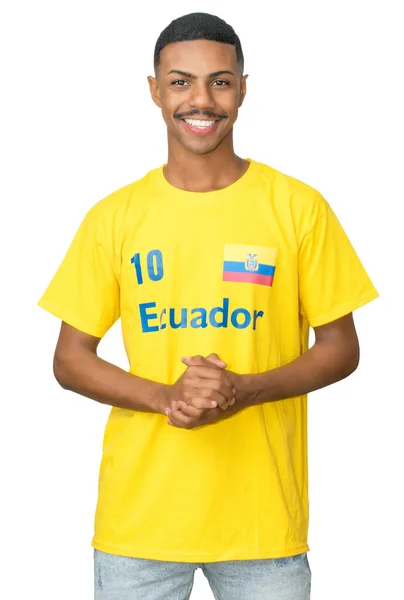 年轻英俊的厄瓜多尔男子 身穿黄色足球球衣 背景为白色 可裁剪 — 图库照片