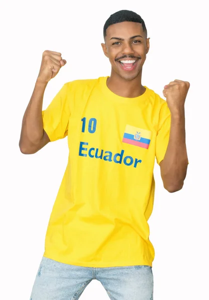 Επευφημίες Νεαρός Άνδρας Από Εκουαδόρ Κίτρινη Φανέλα Ποδοσφαίρου Απομονώνονται Λευκό — Φωτογραφία Αρχείου