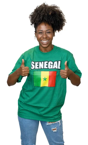 Śmiejąca Się Kobieta Senegalu Wspierająca Narodową Drużynę Piłkarską Odizolowana Białym — Zdjęcie stockowe