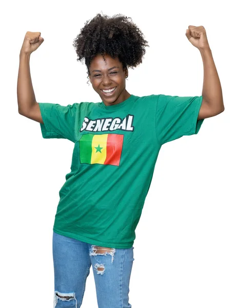 Cheering Woman Senegal Supporting National Football Team Isolated White Background — Stock Photo, Image
