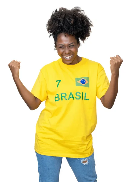 Cheering Kobieta Brazylii Wspieranie Krajowej Drużyny Piłkarskiej Odizolowany Białym Tle — Zdjęcie stockowe