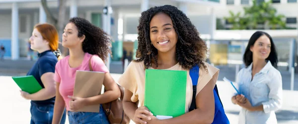 Laughing Black Female Student Group Latin American Caucasian Young Adults — Stock Photo, Image