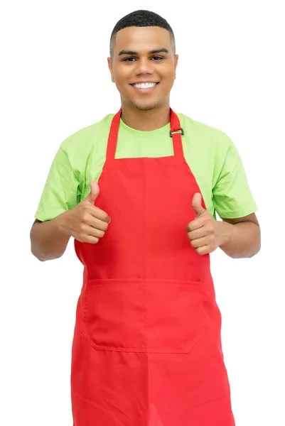 Happy Mexican Clerk Red Apron — Stock Photo, Image