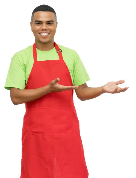 Friendly Mexican Bartender Red Apron Inviting Guests — Stock Photo, Image
