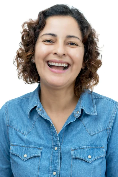 Passbild Einer Lachenden Erwachsenen Frau Mit Dunklen Haaren Auf Isoliertem — Stockfoto