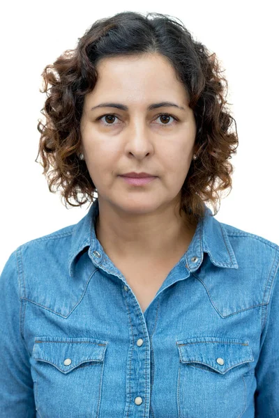 Passbild Von Ernsthafter Erwachsener Frau Mit Dunklen Haaren Auf Isoliertem — Stockfoto