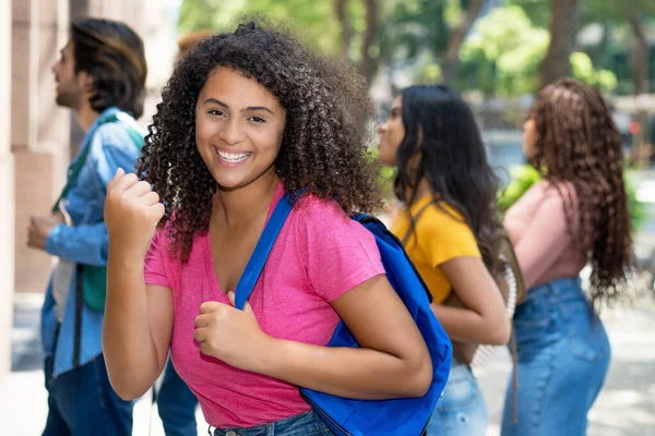 Cheering Hispanic Female University Student Group Caucasian African American Young — Stock Photo, Image