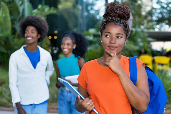 Thinking African American Female Student Group Black Young Adults Outdoors — Stock Photo, Image