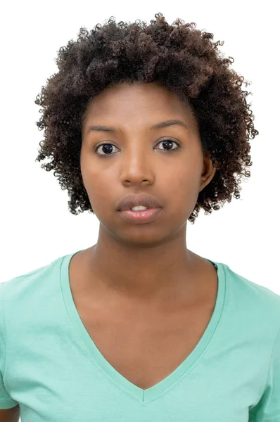 Паспортное Фото Серьезной Африканской Молодой Женщины Вьющимися Волосами Белом Фоне — стоковое фото
