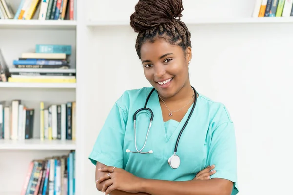 Pretty African American Female Nurse Medical Student Office Hospital — Stock Photo, Image