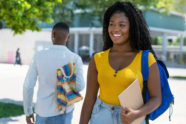 Schöne Schwarze Studentin Mit Rucksack Und Männliche Studentin Hintergrund Sommer Stockbild