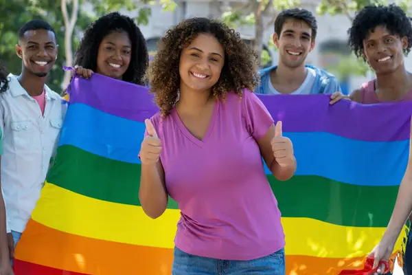 Laughing Hispanic Female Young Adult Celebrating Pride Parade Lgbtq Rainbow Stockbild