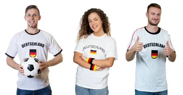 Collection Three Happy German Soccer Fans Football Jersey Ball Isolated Stockfoto