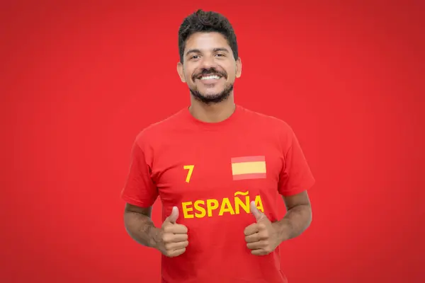 Happy Spanish Football Fan Beard Red Jersey Ready Next Game Stockfoto