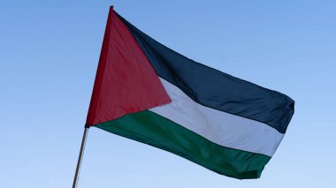 Gazze halkına destek verme amaçlı bir protesto sırasında Filistin bayrağını bir dayanışma işareti olarak sallamak.