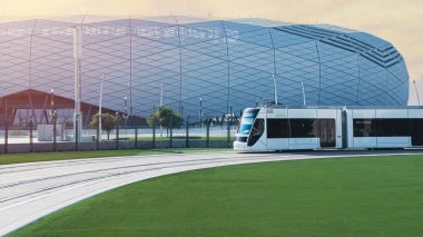 Doha, Katar - 12 Aralık 2023 Eğitim Şehri Stadyumu, Tramvay erişimi olan Education City Gold Club 'un yanında..