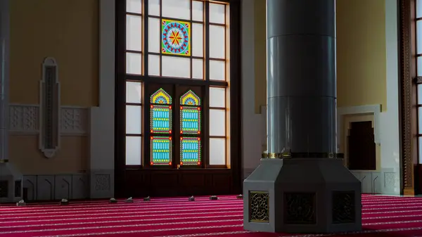 stock image doha,qatar- february 02,2024: Sun light coming through the colorful stained glass window of a mosque.