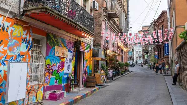 stock image Tbilisi,Georgia-June 06.2024 : tbilisi street decorated with georgian flags