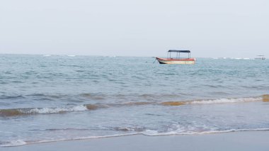 Hikkaduwa, Sri Lanka - 18 Ocak 2025: Sri Lanka kıyı şeridinin doğal güzelliğini gözler önüne seren, altın kumları, turkuaz suları ve berrak mavi gökyüzü altında hafif dalgaları olan sakin bir sahil manzarası.