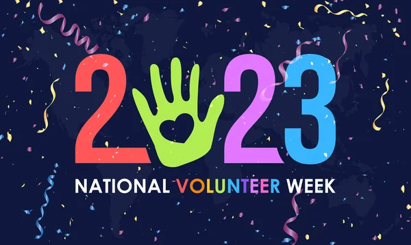 2023年全国ボランティア週間 ボランティアコミュニティは青を背景にカラフルなコンフェッティとリボンのデザインでバナーやテンプレートを意識しています 4月に観測 — ストックベクタ