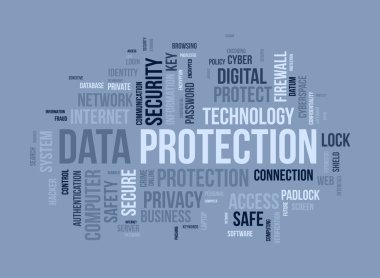 Data koruması için kelime bulutu konsepti. Dijital güvenlik, ağ teknolojisi siber bulut güvenliğini şifreleme. vektör illüstrasyonu.