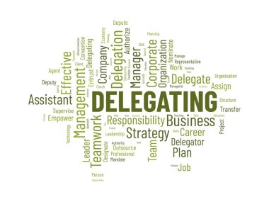 Delegasyon için kelime bulutu konsepti. İş sorumluluğu, kariyer yönetimi stratejik liderlik yaklaşımı. vektör illüstrasyonu.