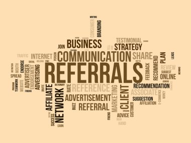 Referrals için kelime bulut arka plan kavramı. Trafik ağı reklamları için iş ortaklığı önerisi. vektör illüstrasyonu.