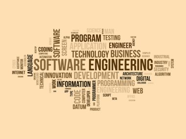 Yazılım mühendisliği için kelime bulutu kavramı. Bilgisayar programlama sistemi, uygulama yönetiminin bulut teknolojisi gelişimi. vektör illüstrasyonu.