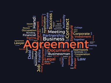 Anlaşma için kelime bulutu konsepti. Şirket sözleşmesi belgesi, finansal hakların yasal iş birliği. vektör illüstrasyonu.