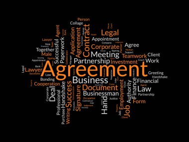 Anlaşma için kelime bulutu konsepti. Şirket sözleşmesi belgesi, finansal hakların yasal iş birliği. vektör illüstrasyonu.