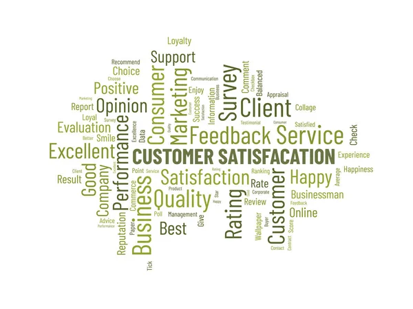 顧客満足度のためのワードクラウドの背景概念 クライアントサービス パフォーマンス評価の品質の意見評価 ベクターイラスト — ストックベクタ