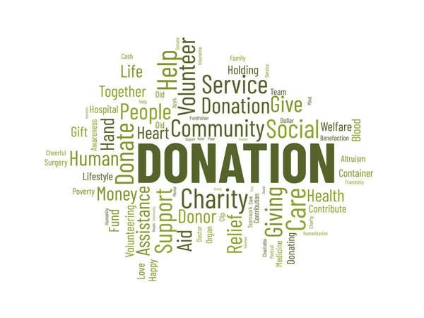 寄付のためのワードクラウドの背景概念 社会的資金集めの資金援助です ベクターイラスト — ストックベクタ