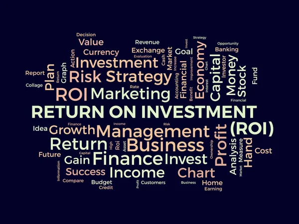 stock vector Word cloud background concept for Return on investment (ROI). Business profit performance, financial gain plan of marketing performance.