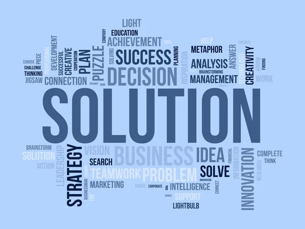 解決のためのWordクラウドの背景概念 計画戦略 創造性ソリューションと開発 インスピレーションのリーダーシップ 新しいアイデアの革新 ベクターイラスト — ストックベクタ