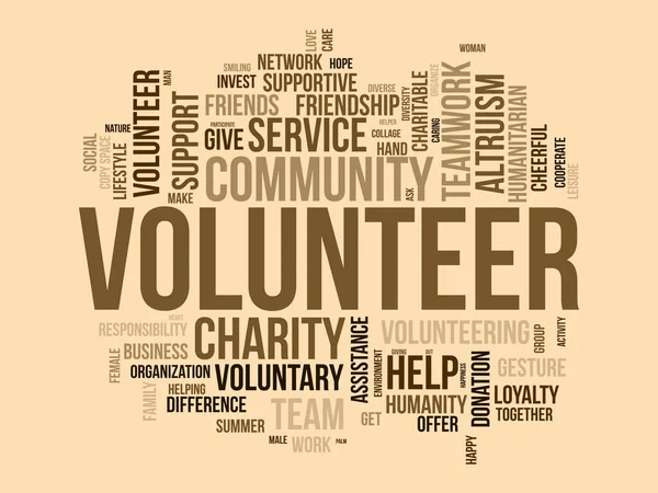ボランティアのためのワードクラウドの背景概念 慈善支援 地域社会の支援活動 人道支援サービスのケア ベクターイラスト — ストックベクタ