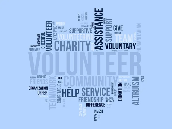 ボランティアのためのワードクラウドの背景概念 慈善支援 地域社会の支援活動 人道支援サービスのケア ベクターイラスト — ストックベクタ