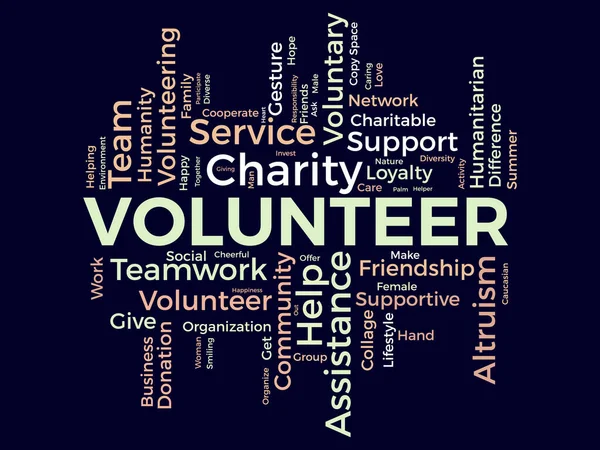 Word Cloud Hintergrundkonzept Für Freiwillige Wohltätigkeitsarbeit Gemeinnützige Arbeit Betreuung Humanitärer — Stockvektor