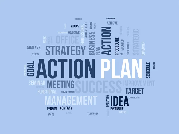Έννοια Συννεφιού Word Για Σχέδιο Δράσης Στρατηγική Λύση Επιχειρηματική Ιδέα — Διανυσματικό Αρχείο