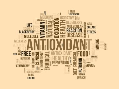 Antioksidan için kelime bulut arka plan kavramı. Sağlıklı yiyecekler, sağlıklı yaşam için doğal meyveler. vektör illüstrasyonu.