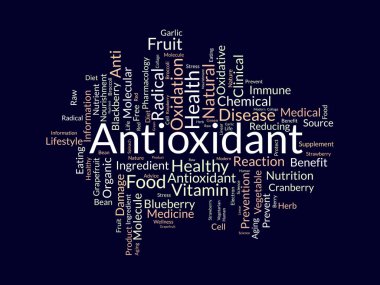Antioksidan için kelime bulut arka plan kavramı. Sağlıklı yiyecekler, sağlıklı yaşam için doğal meyveler. vektör illüstrasyonu.