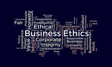 İş ahlakının kelime bulutu konsepti. Şirketin dürüstlüğü, şirketin ahlaki sorumluluk değerinin güvenilirliği. vektör illüstrasyonu.