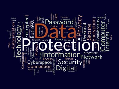 Data koruması için kelime bulutu konsepti. Dijital güvenlik, ağ teknolojisi siber bulut güvenliğini şifreleme. vektör illüstrasyonu.