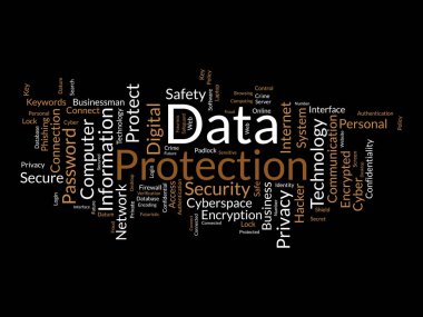 Data koruması için kelime bulutu konsepti. Dijital güvenlik, ağ teknolojisi siber bulut güvenliğini şifreleme. vektör illüstrasyonu.