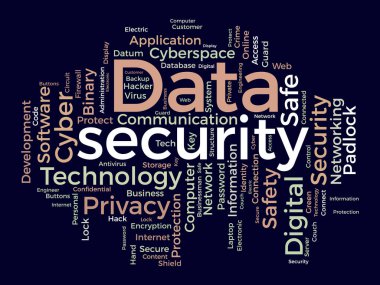 Data güvenliği için kelime bulutu konsepti. İnternet gizlilik koruması için ağ teknolojisi erişimi. Vektör illüstrasyonu.