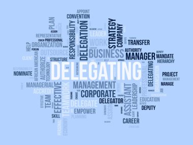 Delegasyon için kelime bulutu konsepti. İş sorumluluğu, kariyer yönetimi stratejik liderlik yaklaşımı. vektör illüstrasyonu.