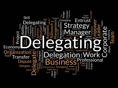 Delegasyon için kelime bulutu konsepti. İş sorumluluğu, kariyer yönetimi stratejik liderlik yaklaşımı. vektör illüstrasyonu.