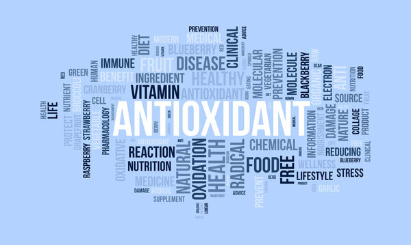 Концепция фонового словосочетания "облако слов" для антиоксидантов. Здоровое питание, натуральные фрукты для здоровья. векторная иллюстрация.